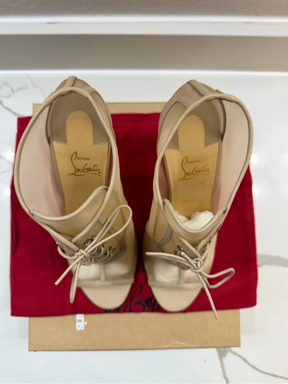 Christian Louboutin Open Ondessa 100MM Rete/Nappa - Lace-Up Booties – Nude